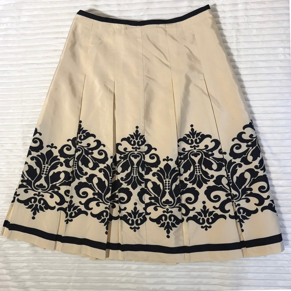 Haley & Kate Silk Cotton Pleated Midi Skirt Cream Black Damask Print Size 10